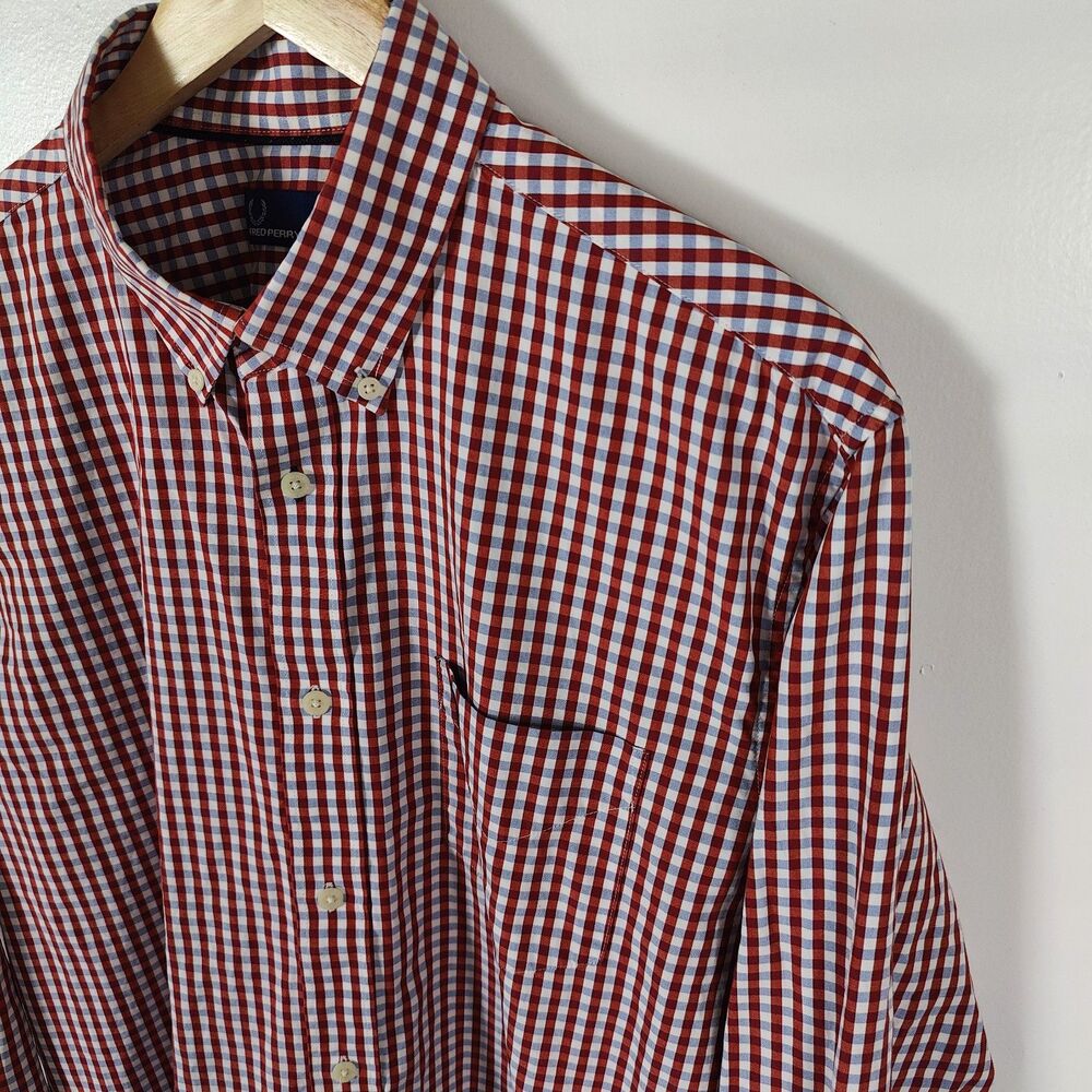Fred Perry Size Large Red Check Button Down Long Sleeve Preppy Logo Shirt - Picture 2 of 8